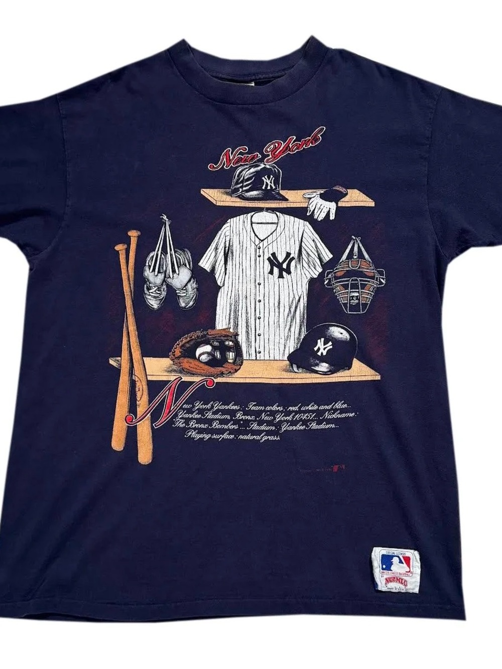 Vintage Nutmeg Mills New York Yankees Navy Locker Room T Shirt (Size XL)